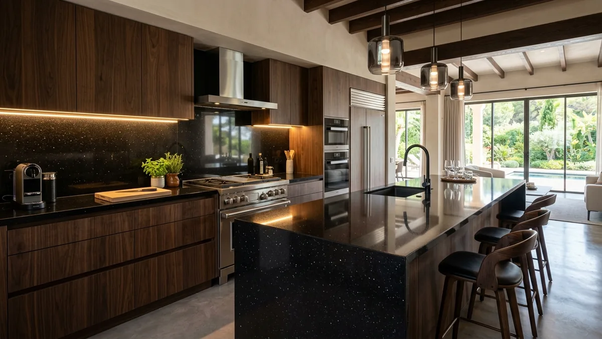 Mặt bàn bếp ốp đá Granite đen bóng kim sa sang trọng kết hợp hệ đèn LED hắt gầm tủ bếp hiện đại