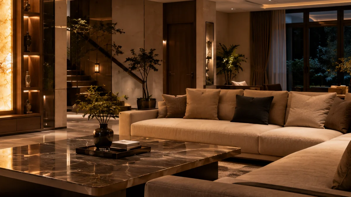 Bàn trà đá tự nhiên cao cấp phối hài hòa với sofa da màu kem trong biệt thự AHO Stone