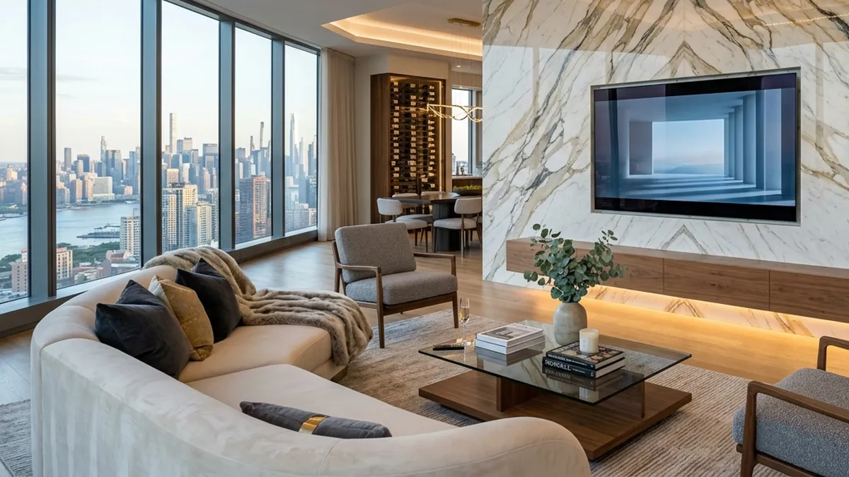 Bàn trà đá cẩm thạch trắng tự nhiên tương phản tinh tế với sofa góc màu xám hiện đại AHO Stone