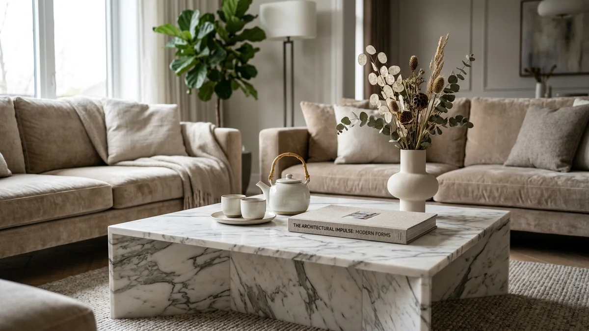 Bàn trà đá tự nhiên Calacatta cao cấp nguyên khối AHO Stone trong không gian phòng khách sang trọng
