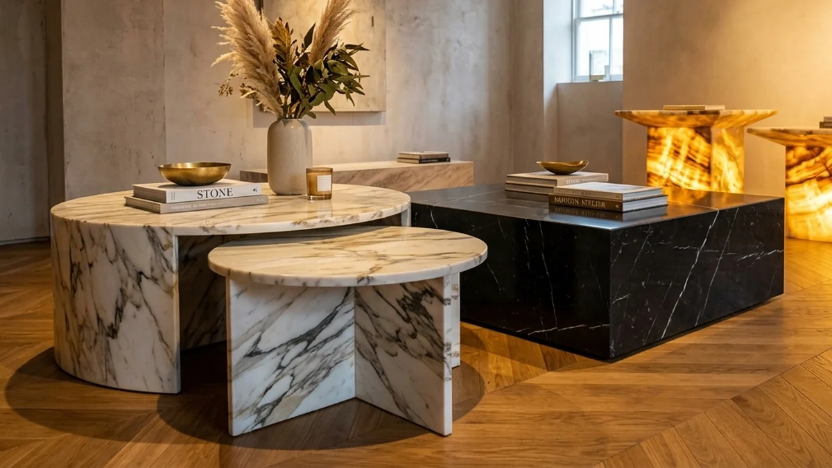 So sánh kiểu dáng bàn trà tròn lồng nesting và bàn trà chữ nhật nguyên khối AHO Stone
