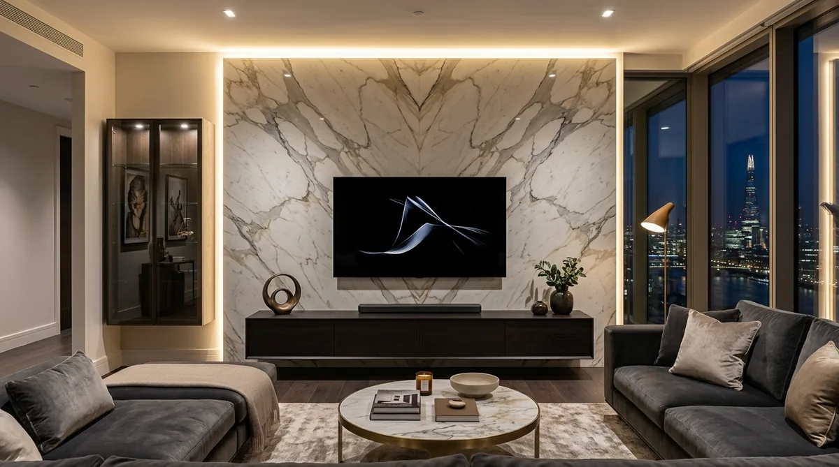 Vách tivi phòng khách ốp tranh đá Bookmatch đối xứng cánh bướm Calacatta vương giả AHO Stone