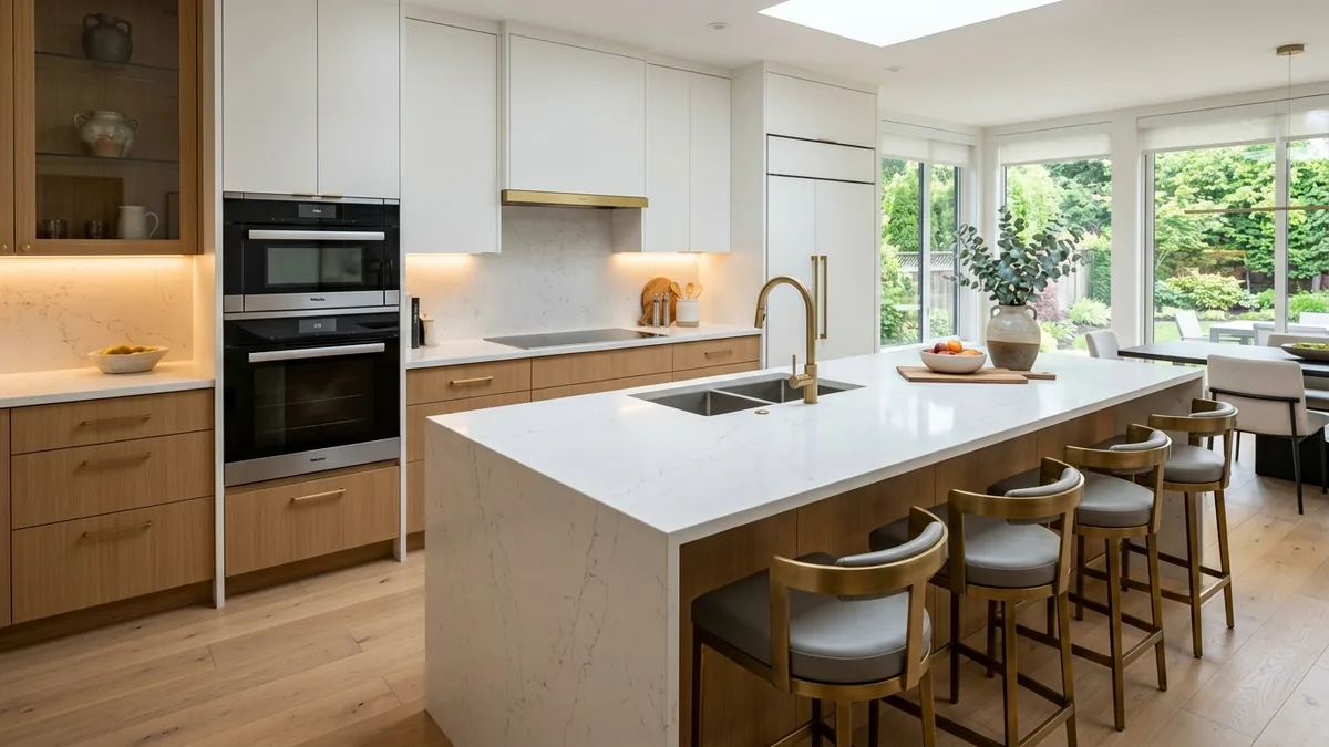 Không gian bếp hiện đại với mặt bàn bếp đá thạch anh Quartz trắng vân mây