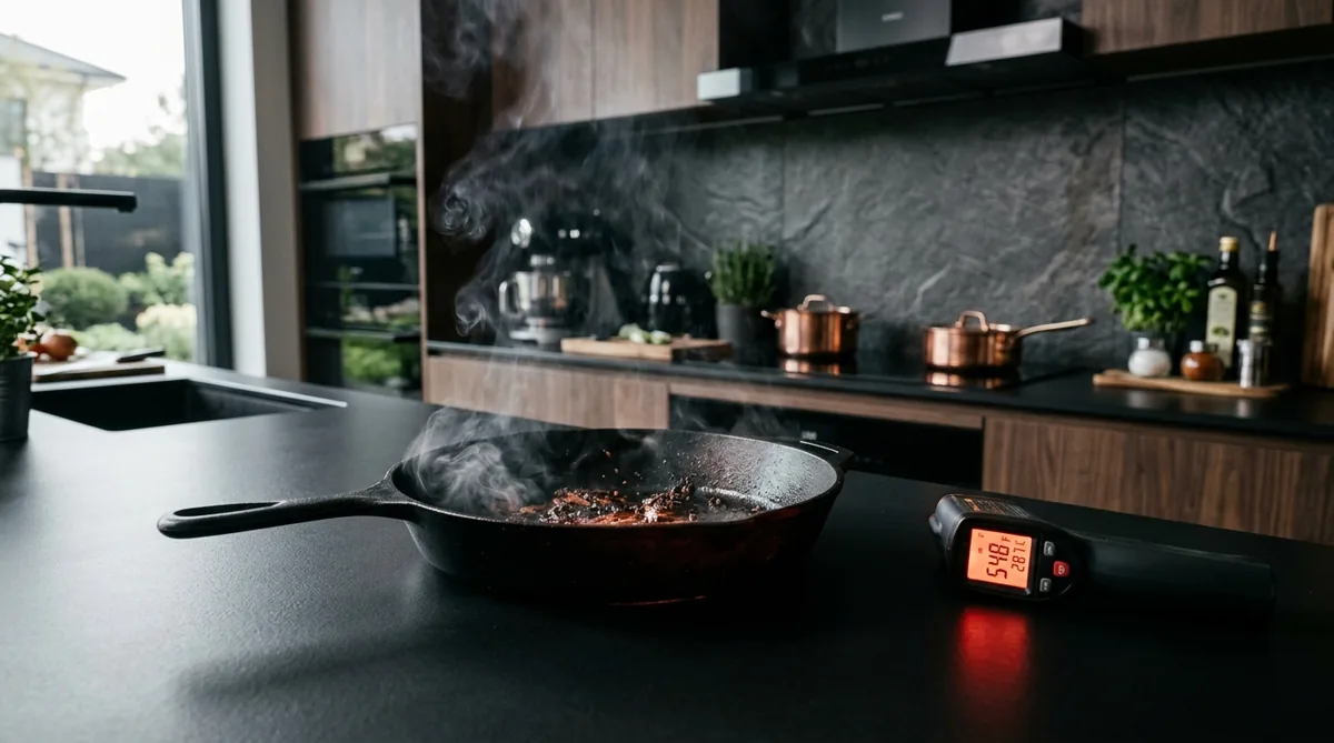 Thử nghiệm đặt chảo gang nóng rực 280 độ C trực tiếp lên mặt đá nung kết bếp biệt thự AHO Stone