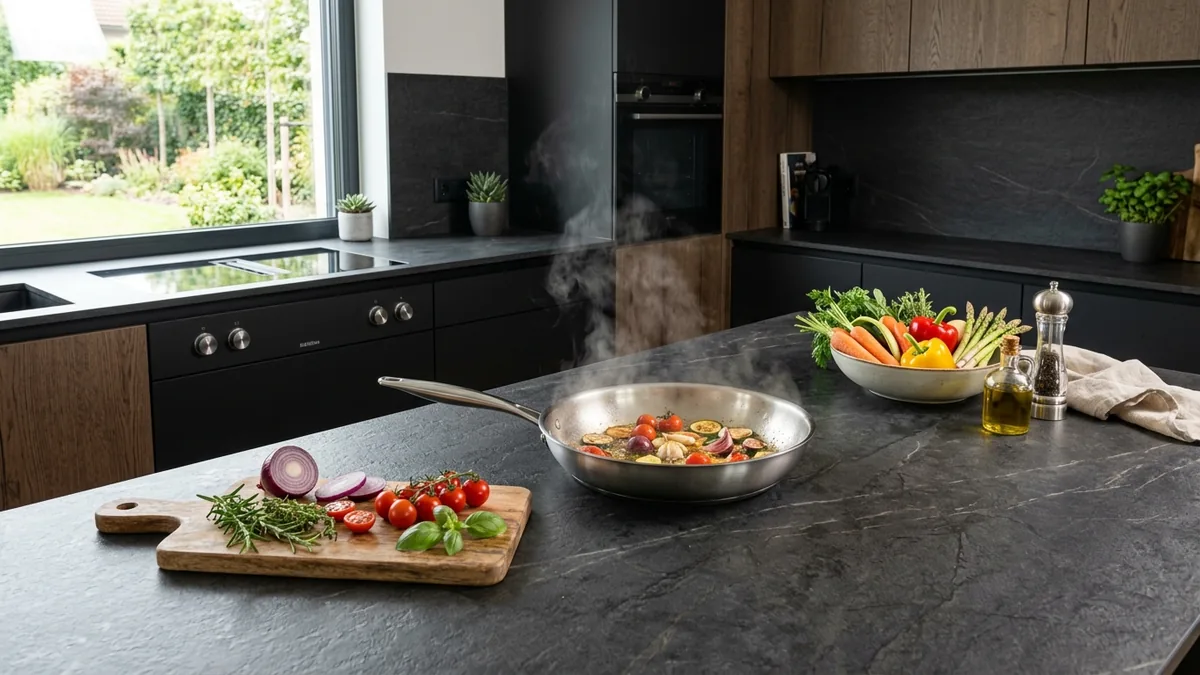 Mặt bàn bếp đá nung kết siêu cứng chịu nhiệt độ cao đáy chảo nóng