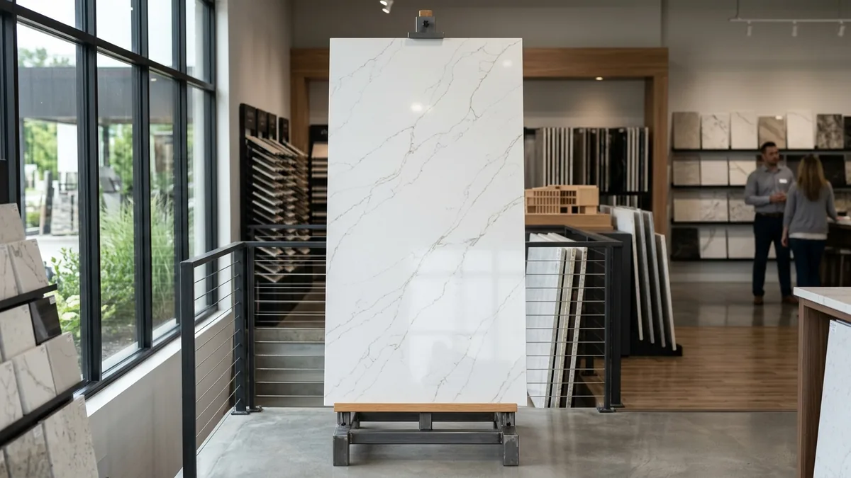 Đá Quartz là gì - Tấm slab đá thạch anh nhân tạo vân Calacatta sang trọng AHO Stone