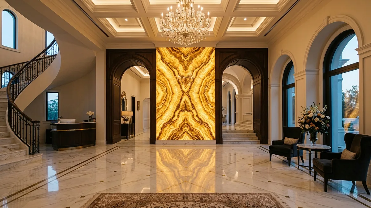 Đá xuyên sáng là gì - Đại sảnh biệt thự ốp vách tranh đá đối xứng xuyên sáng AHO Stone