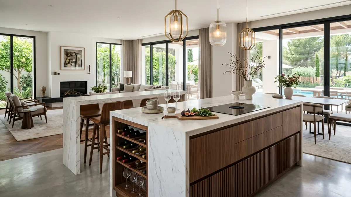 Bàn đảo bếp khô bằng đá Marble tự nhiên phong cách Luxury kết hợp quầy bar