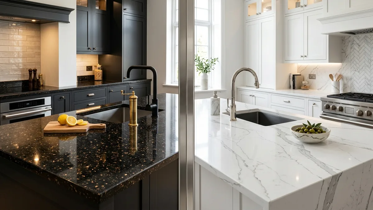 Đối chiếu so sánh trực quan giữa mặt bàn bếp đá Granite đen và Quartz trắng vân mây