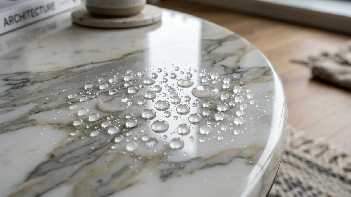 Hiệu ứng lá sen chống thấm nước 6 mặt Akemi Đức trên đá marble bàn trà