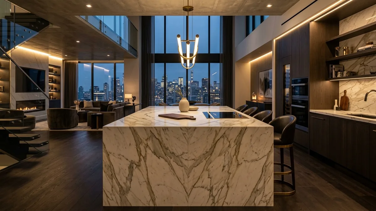Bàn đảo bếp Kitchen Island ốp đá Marble Calacatta tự nhiên vân đối xứng đẳng cấp