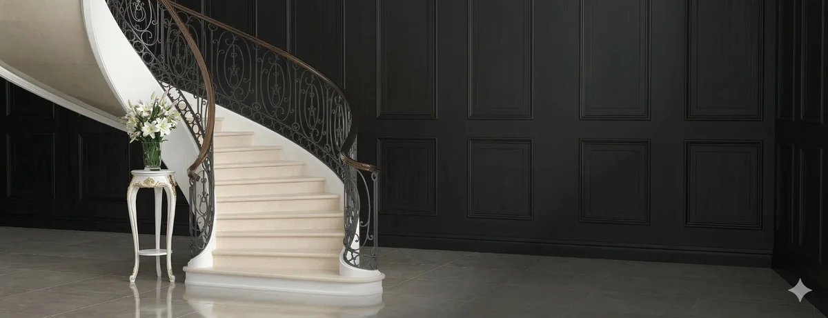 Cầu thang xoắn ốc uốn cong mềm mại lát đá Marble trắng Ý vân mây đẳng cấp hoàng gia tại dinh thự cao cấp