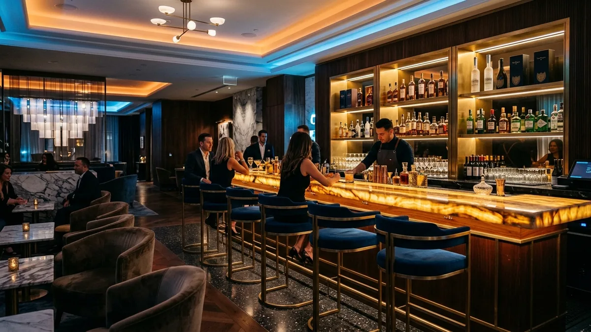 Quầy bar lounge ốp đá xuyên sáng thấu quang kết hợp đèn LED nghệ thuật AHO Stone