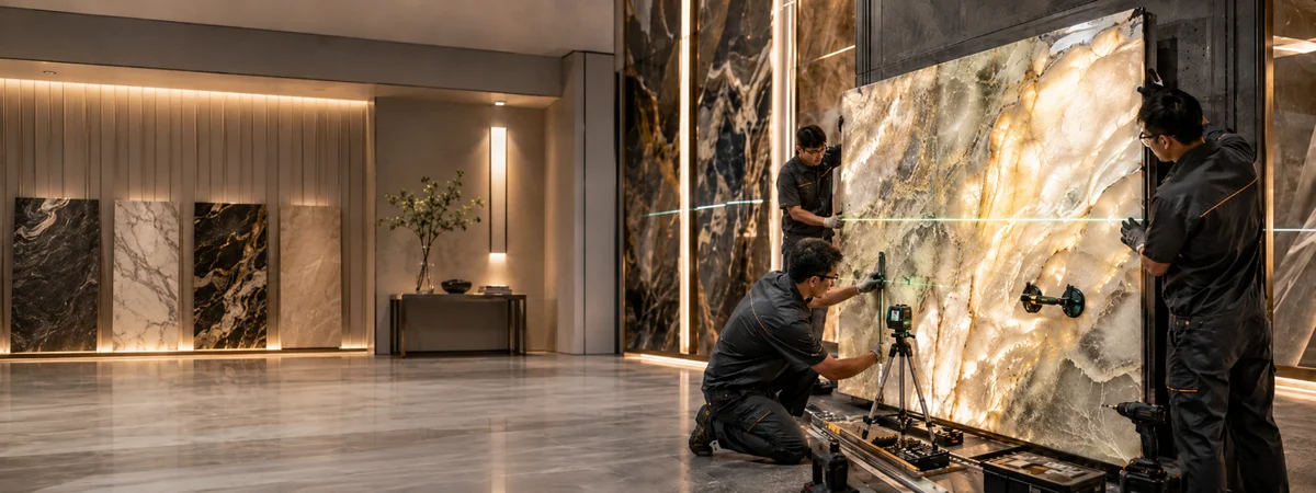 Đội ngũ thợ AHO Stone thi công lắp đặt bức tranh đá tự nhiên xuyên sáng nguyên tấm tại phòng khách biệt thự