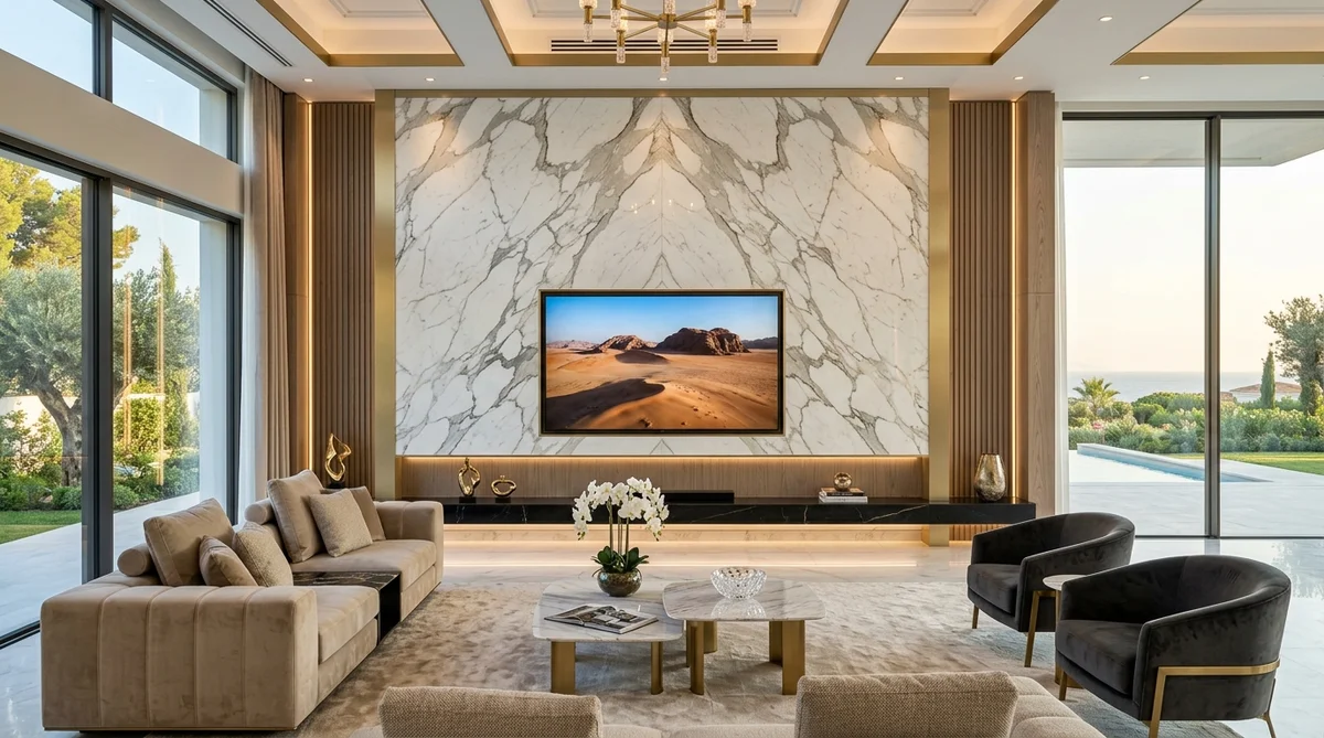 Bức tường vách TV ghép 2 tấm đá đối xứng bookmatch tựa như trang sách mở ra kiệt tác thiên nhiên hùng vĩ