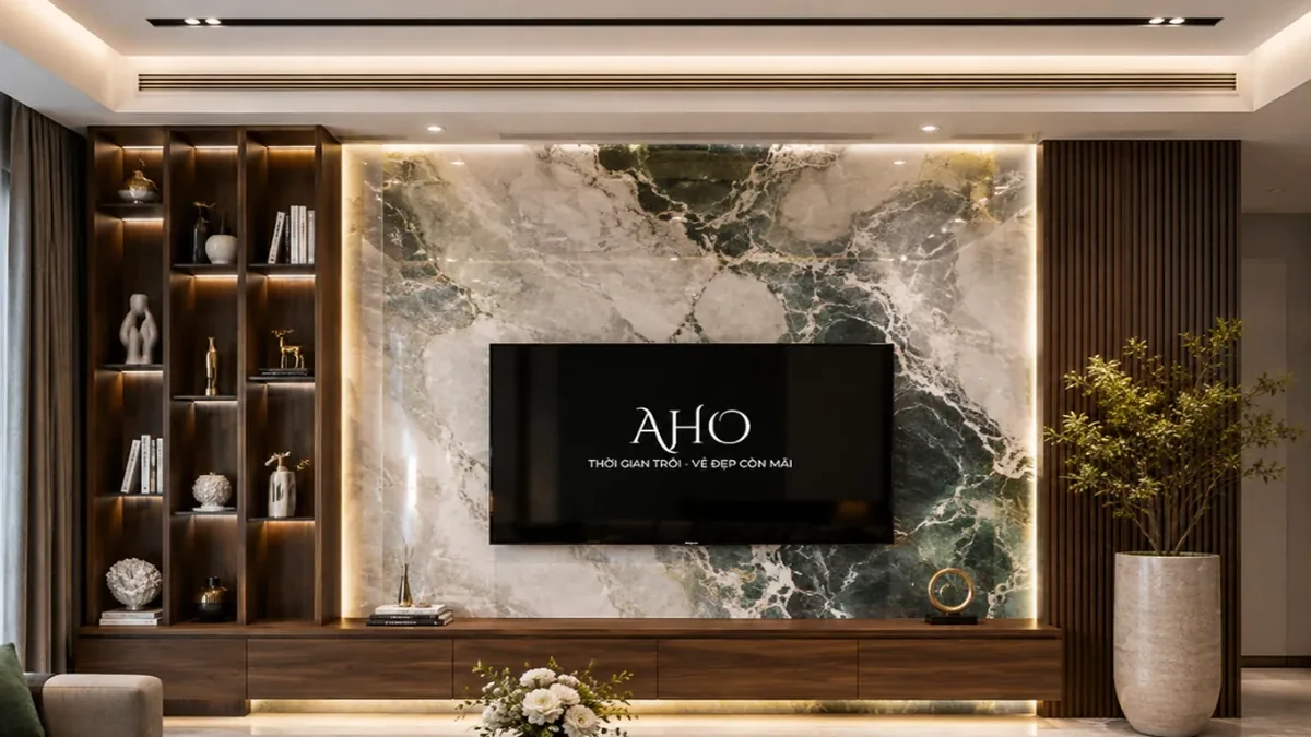 Vách tivi ốp đá Marble tự nhiên hoàn thiện thực tế sáng bóng mang lại vẻ đẹp vương giả cho phòng khách