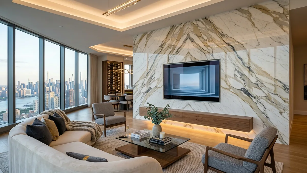 Vách tivi phòng khách ốp tranh đá Marble cẩm thạch ghép đối xứng vân cánh bướm sang trọng đẳng cấp